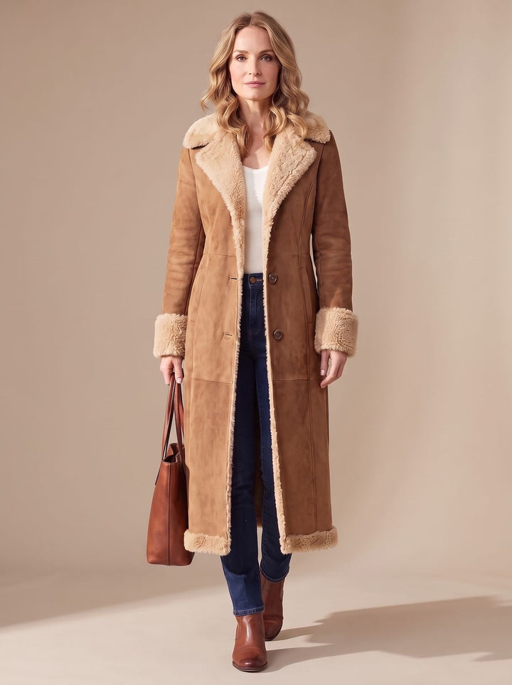 Women's Shearling-Lined Long Button-Front Faux Fur Coat - Brown