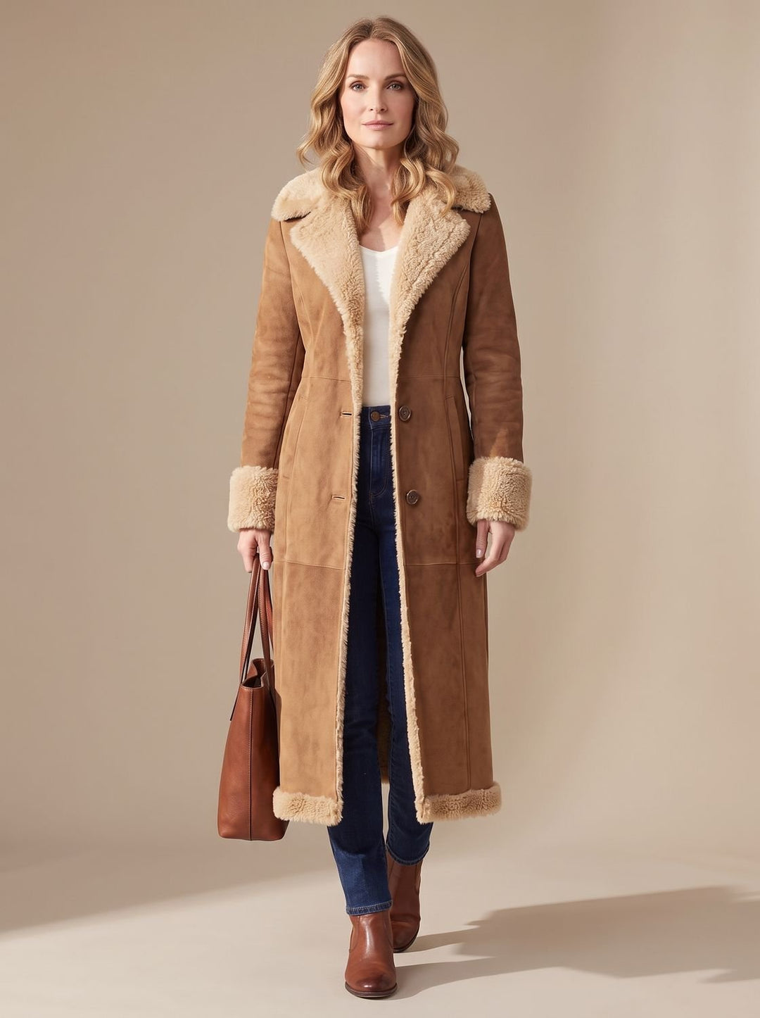 Women's Shearling-Lined Long Button-Front Faux Fur Coat