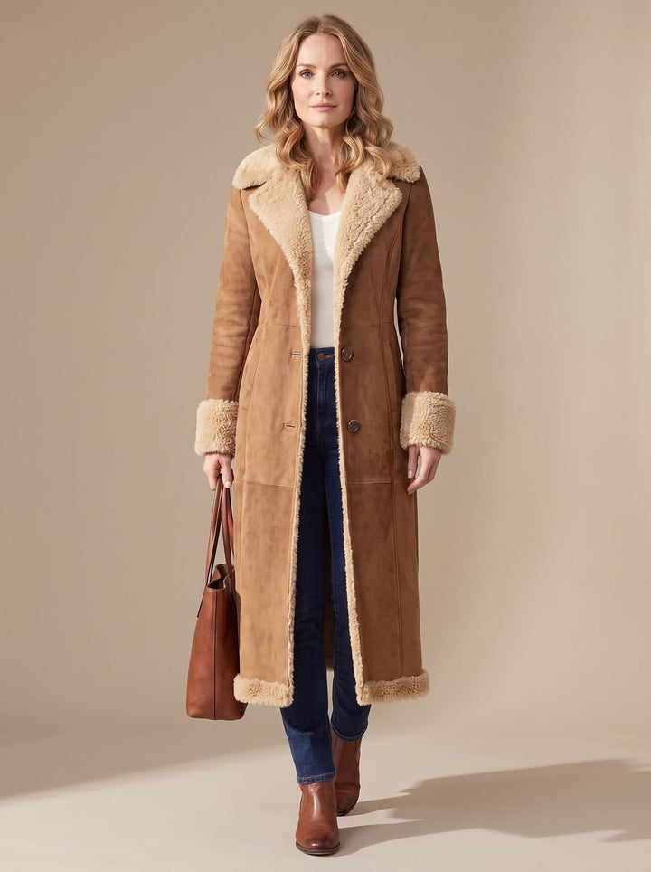 Women's Shearling-Lined Long Button-Front Faux Fur Coat