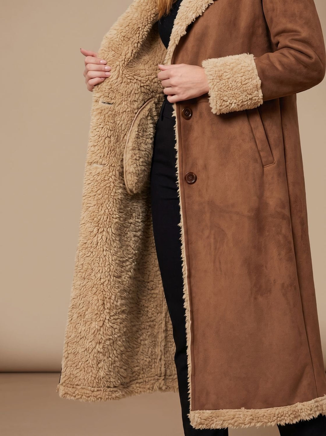 Women's Shearling-Lined Long Button-Front Faux Fur Coat