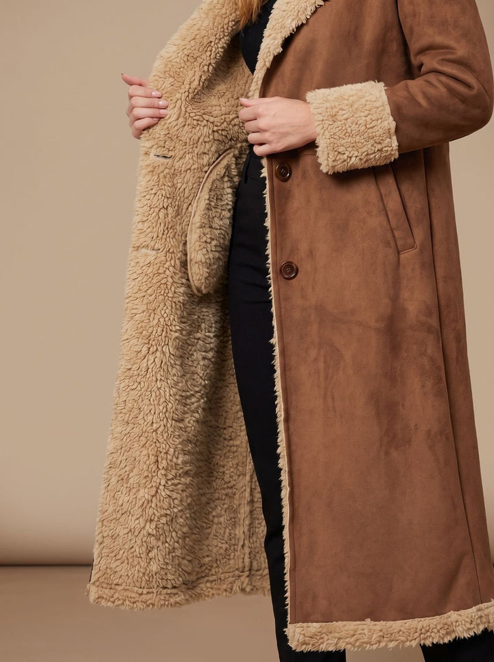 Women's Shearling-Lined Long Button-Front Faux Fur Coat