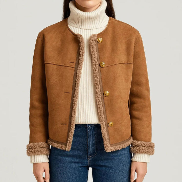 Women's Shearling-Trim Cropped Suede Button-Front Jacket - Brown