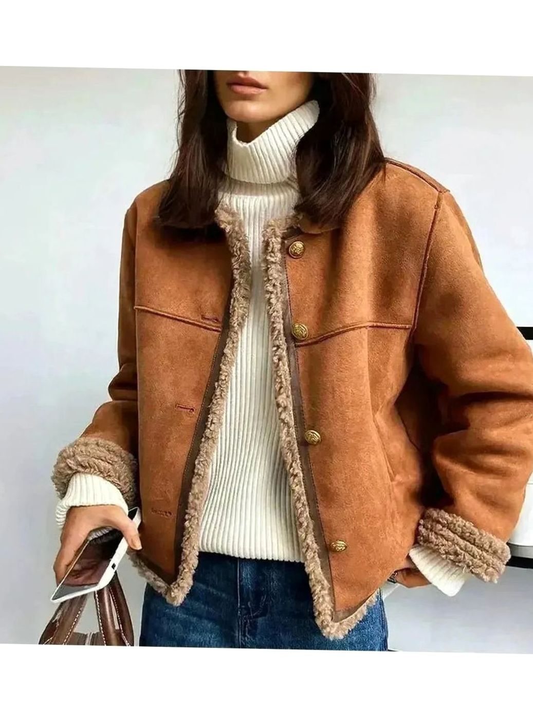 Women's Shearling-Trim Cropped Suede Button-Front Jacket