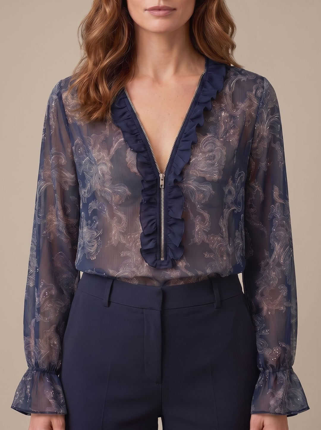 Women's Sheer Chiffon Paisley Ruffle V-Neck Long-Sleeve Blouse - Navy Blue