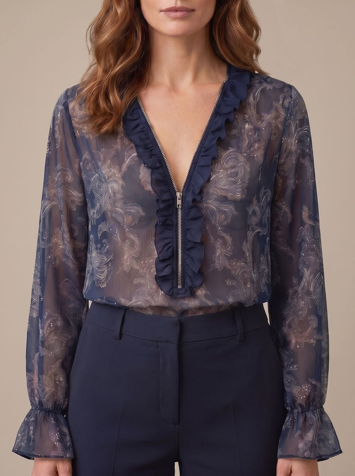 Women's Sheer Chiffon Paisley Ruffle V-Neck Long-Sleeve Blouse - Navy Blue