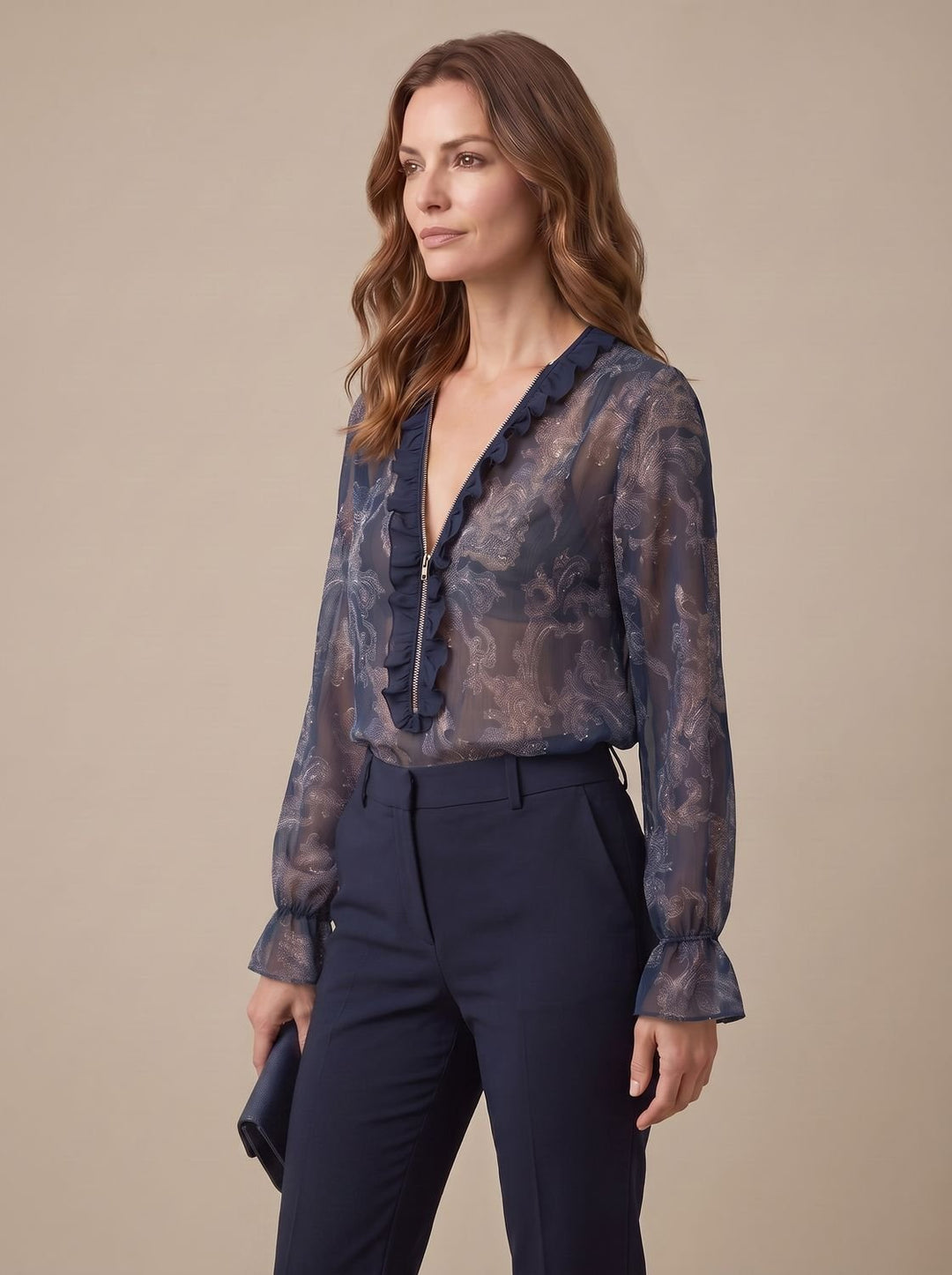 Women's Sheer Chiffon Paisley Ruffle V-Neck Long-Sleeve Blouse