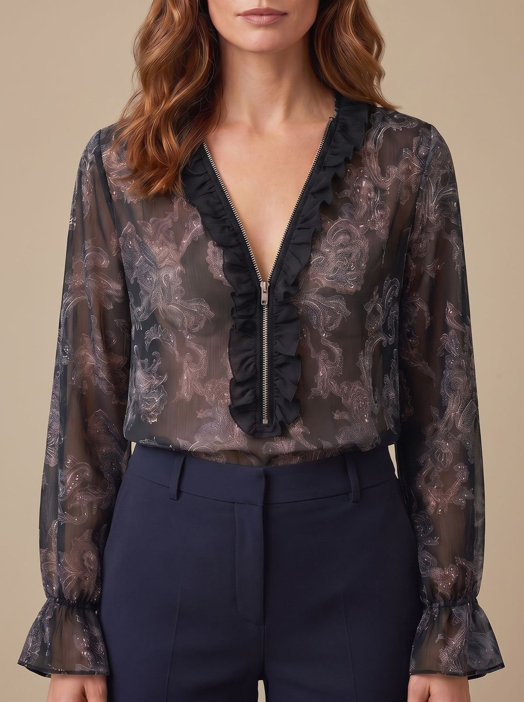 Women's Sheer Chiffon Paisley Ruffle V-Neck Long-Sleeve Blouse - Black