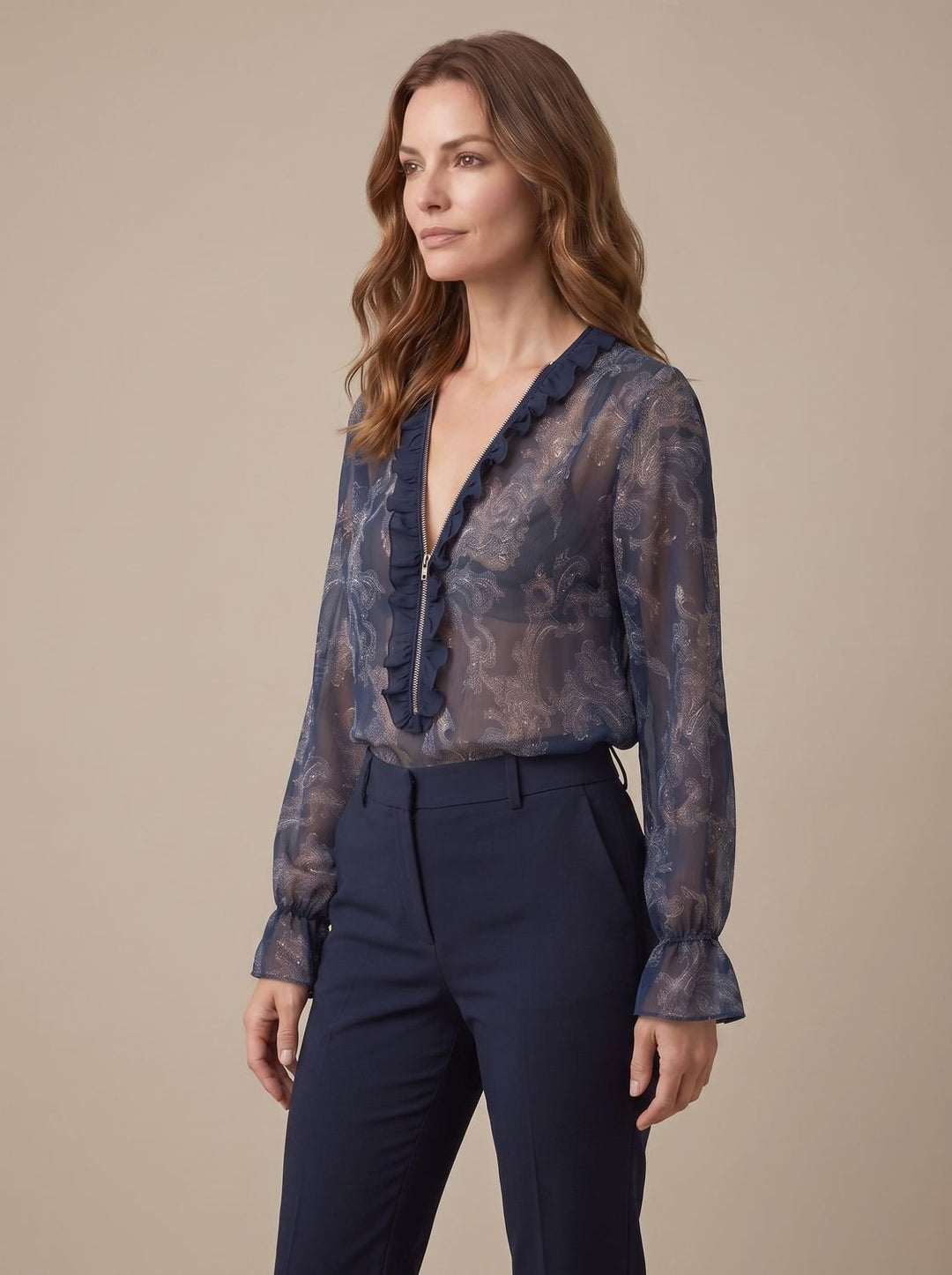 Women's Sheer Chiffon Paisley Ruffle V-Neck Long-Sleeve Blouse