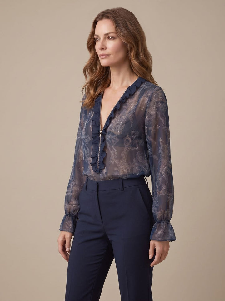 Women's Sheer Chiffon Paisley Ruffle V-Neck Long-Sleeve Blouse