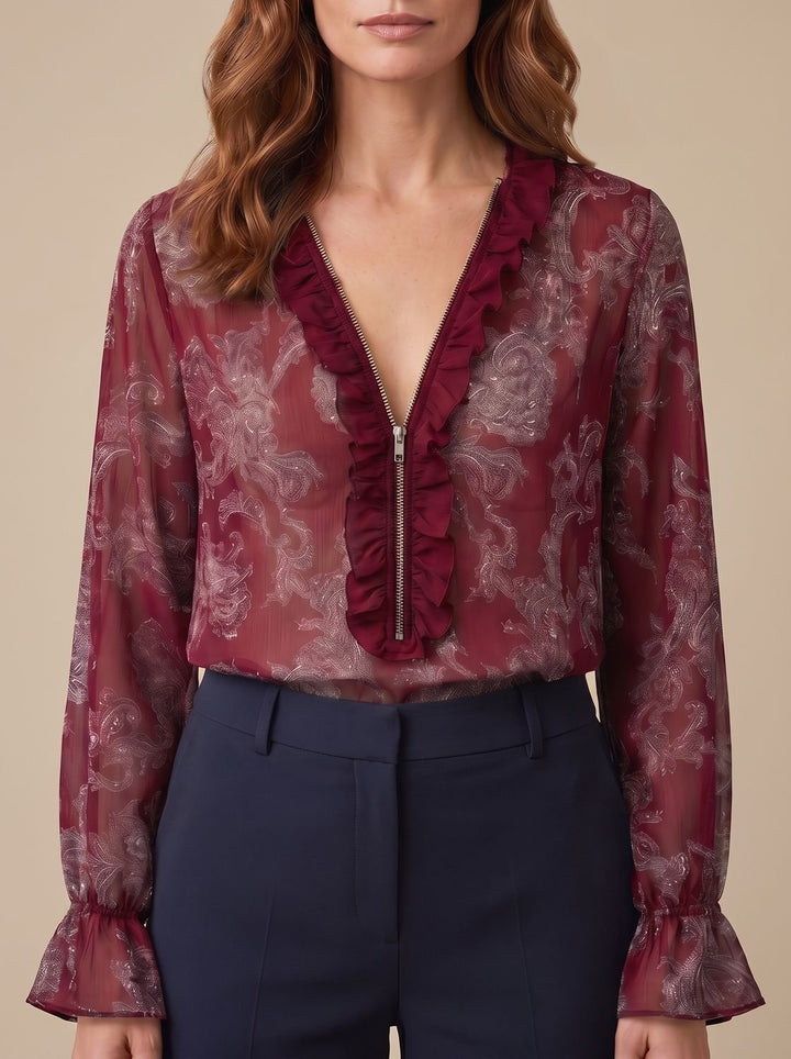 Women's Sheer Chiffon Paisley Ruffle V-Neck Long-Sleeve Blouse - Crimson