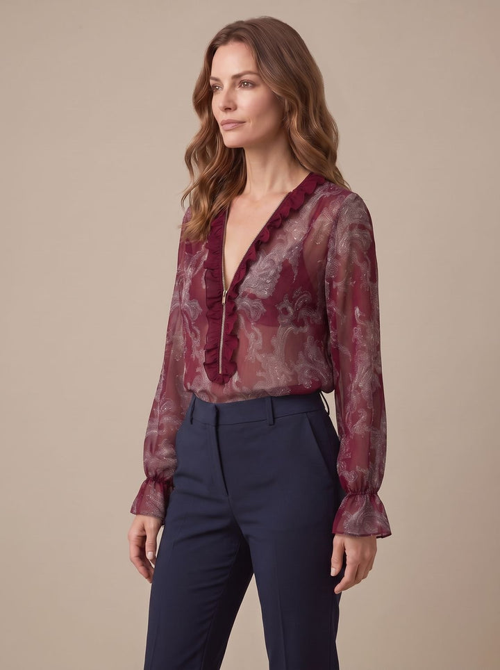 Women's Sheer Chiffon Paisley Ruffle V-Neck Long-Sleeve Blouse