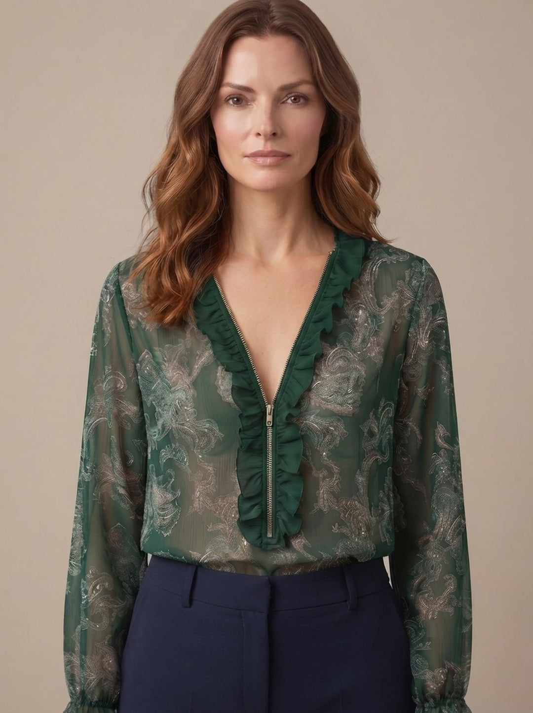 Women's Sheer Chiffon Paisley Ruffle V-Neck Long-Sleeve Blouse - Olive Green