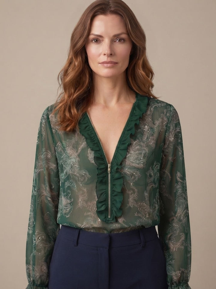 Women's Sheer Chiffon Paisley Ruffle V-Neck Long-Sleeve Blouse - Olive Green