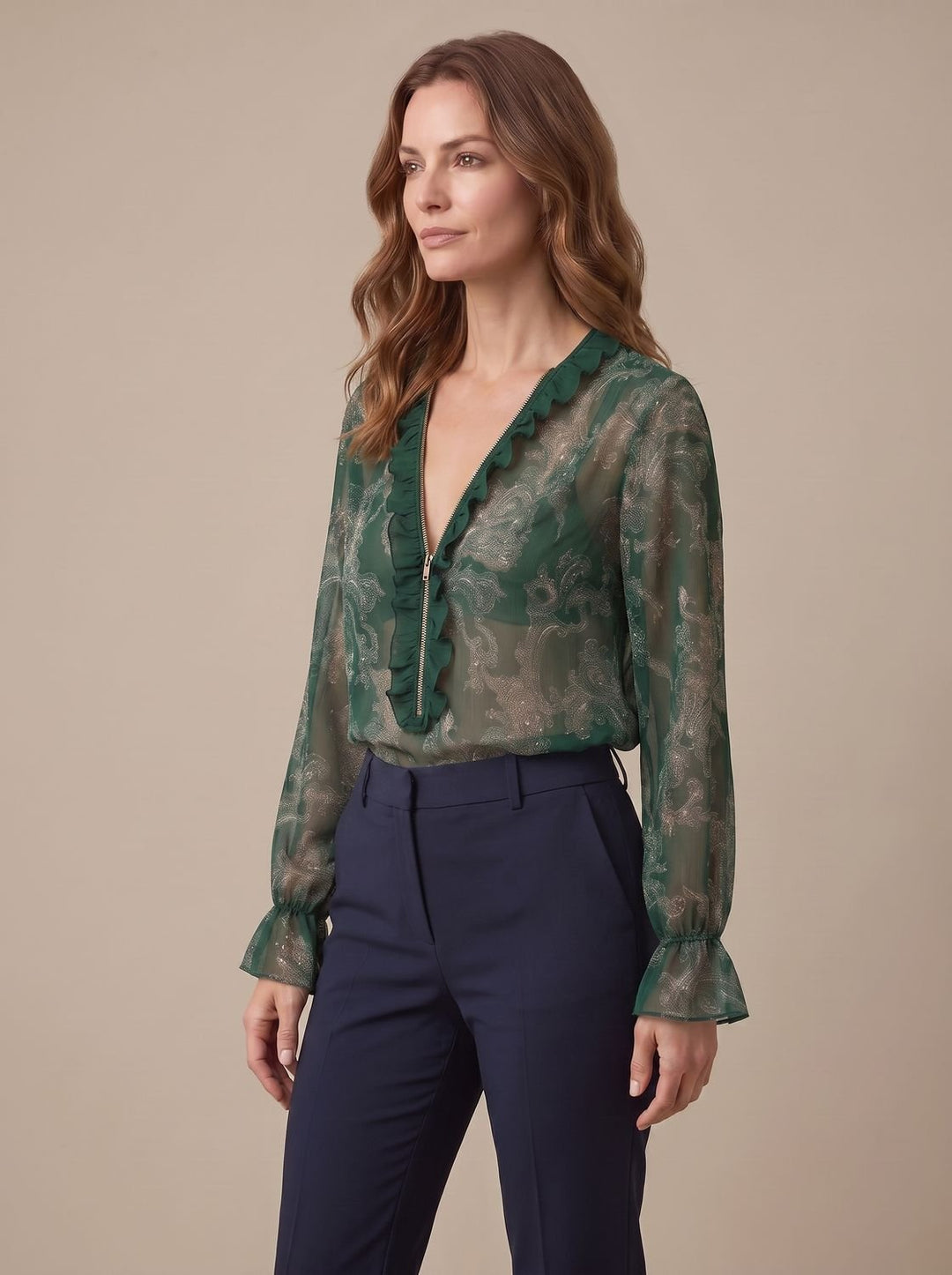 Women's Sheer Chiffon Paisley Ruffle V-Neck Long-Sleeve Blouse