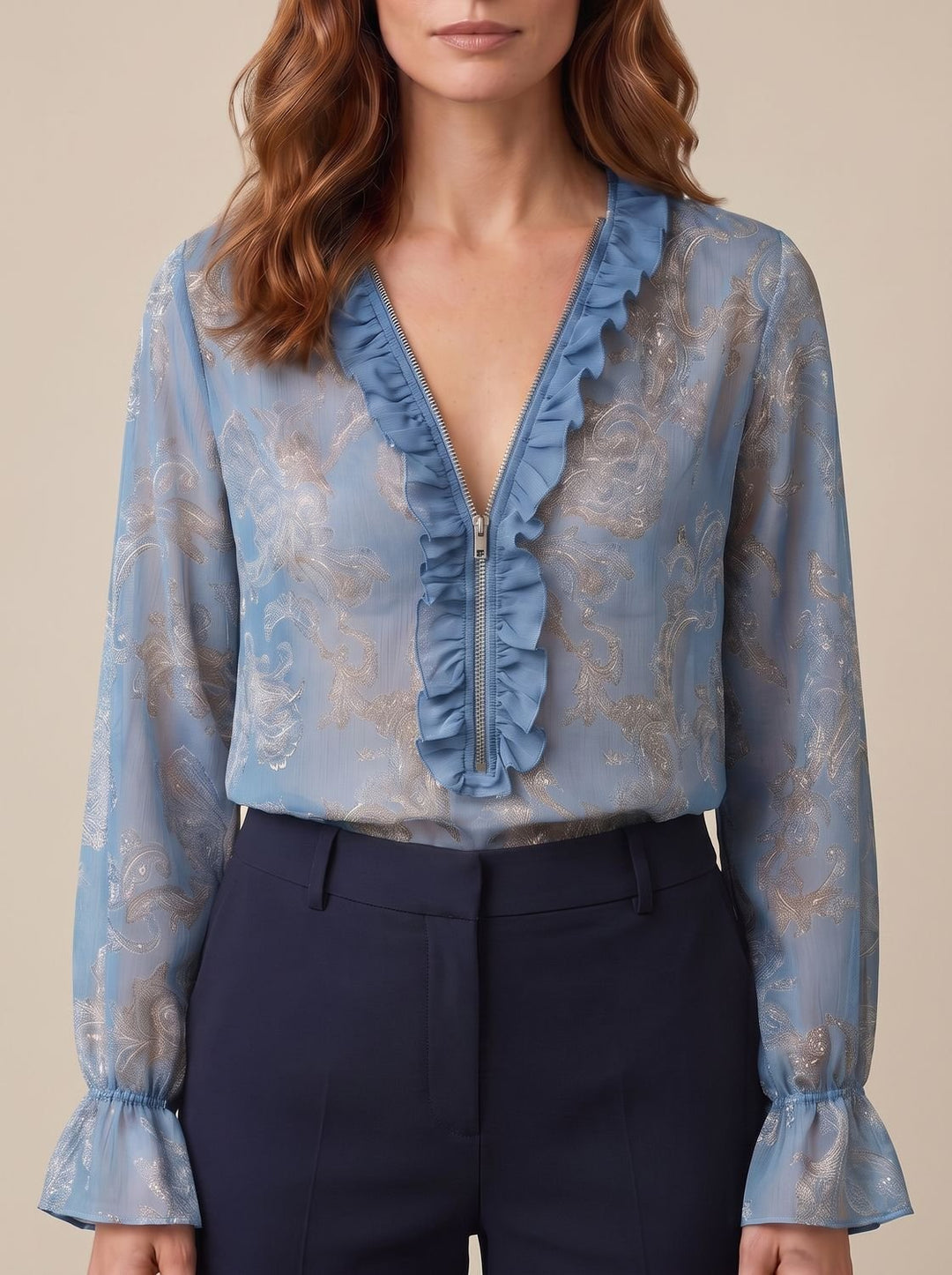 Women's Sheer Chiffon Paisley Ruffle V-Neck Long-Sleeve Blouse - Sky Blue
