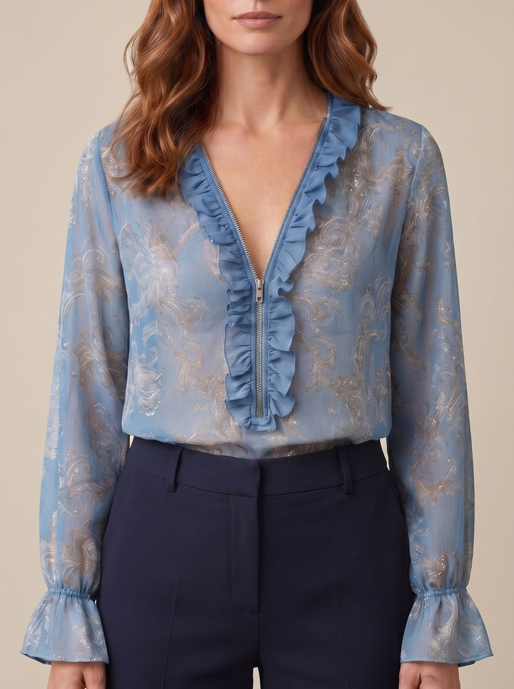 Women's Sheer Chiffon Paisley Ruffle V-Neck Long-Sleeve Blouse - Sky Blue