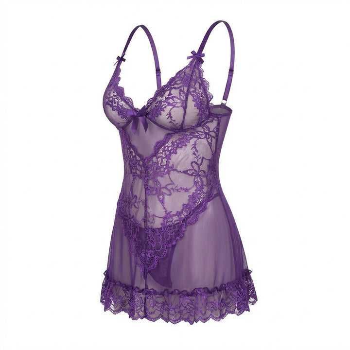 Women's Sheer Mesh Floral Lace Satin Bow Chemise - Purple