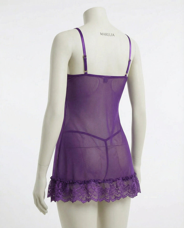 Women's Sheer Mesh Floral Lace Satin Bow Chemise