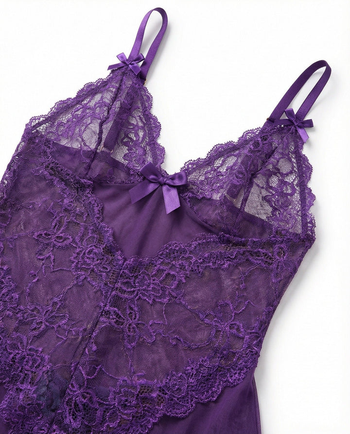 Women's Sheer Mesh Floral Lace Satin Bow Chemise