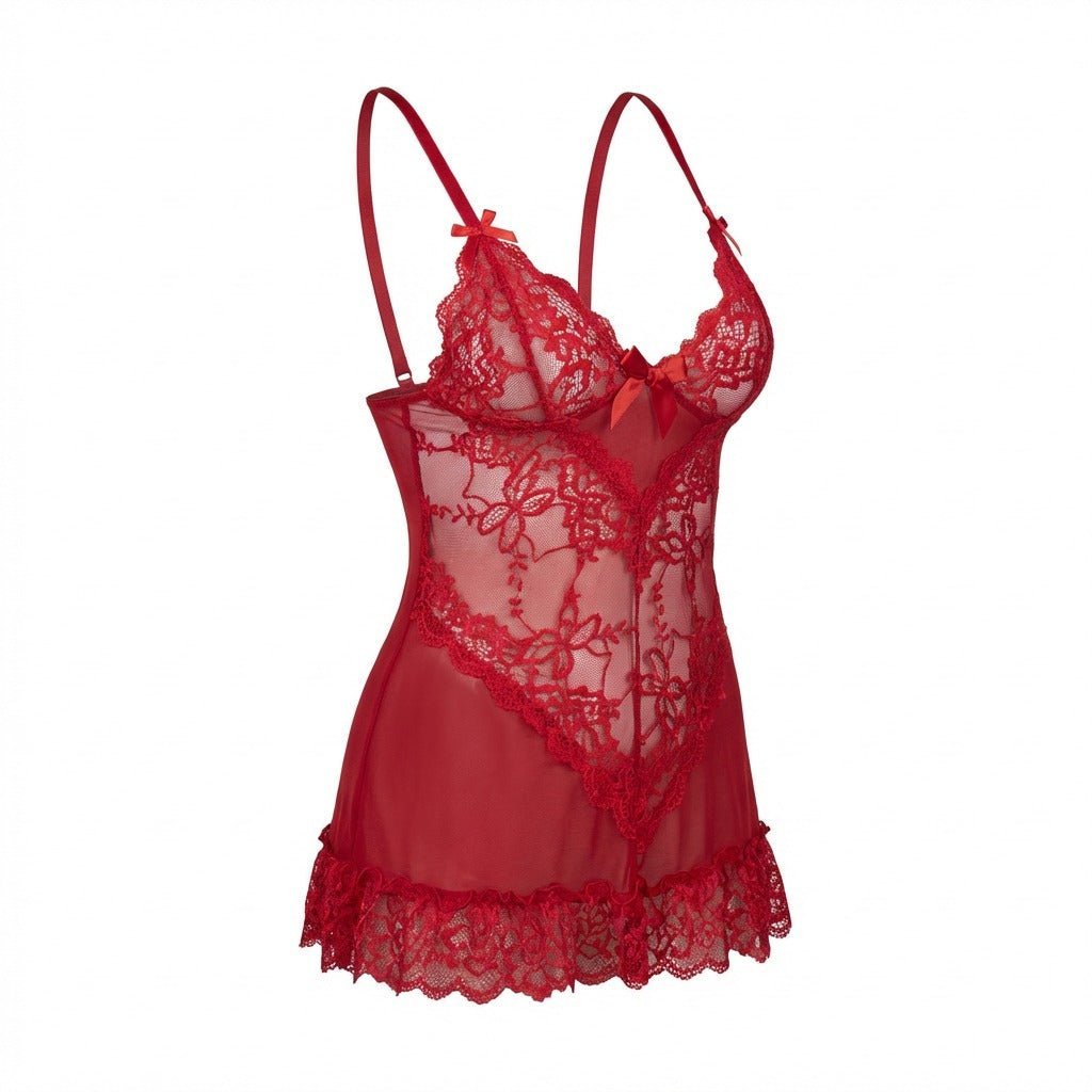 Women's Sheer Mesh Floral Lace Satin Bow Chemise - Red