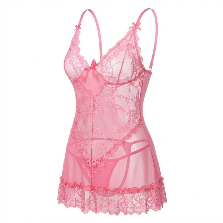 Women's Sheer Mesh Floral Lace Satin Bow Chemise - Pink
