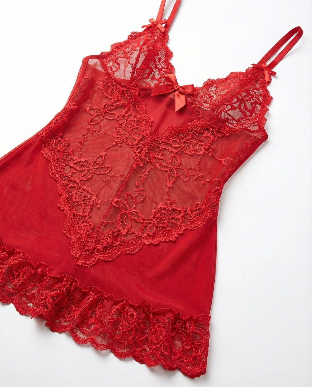 Women's Sheer Mesh Floral Lace Satin Bow Chemise