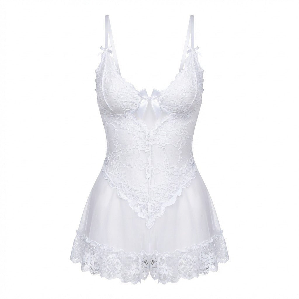 Women's Sheer Mesh Floral Lace Satin Bow Chemise - White