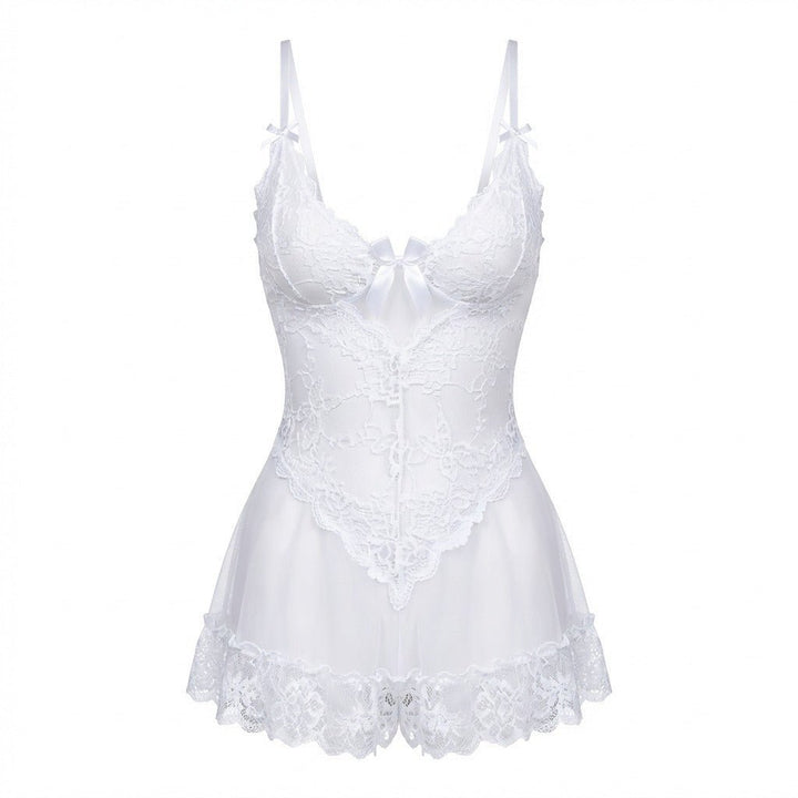 Women's Sheer Mesh Floral Lace Satin Bow Chemise - White