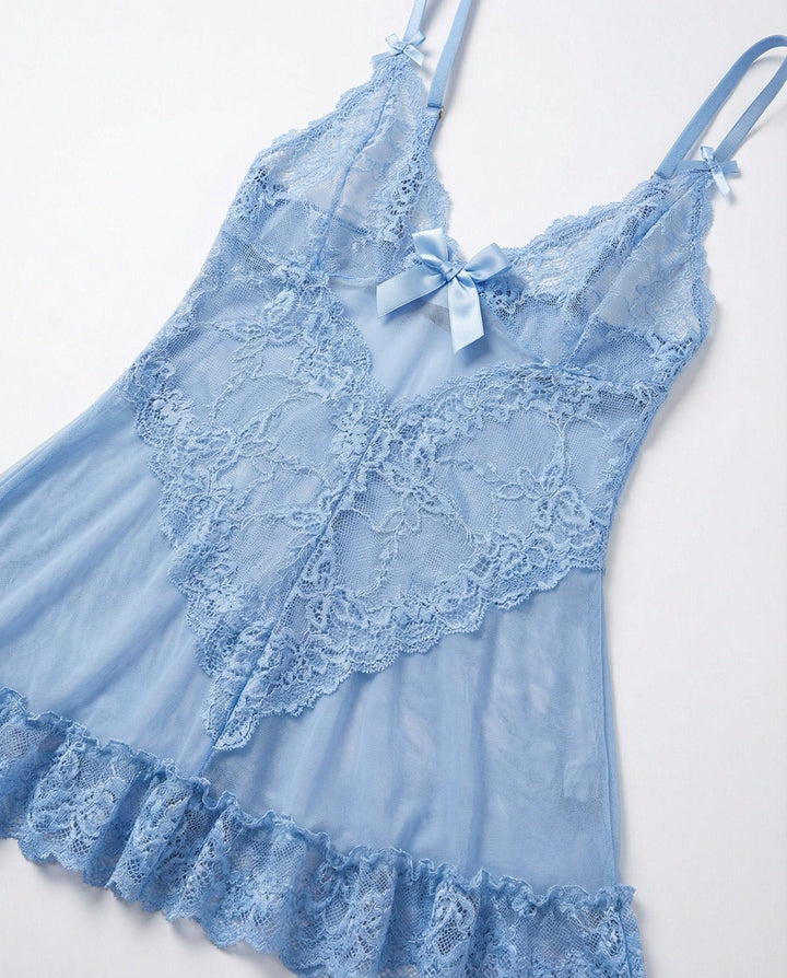 Women's Sheer Mesh Floral Lace Satin Bow Chemise