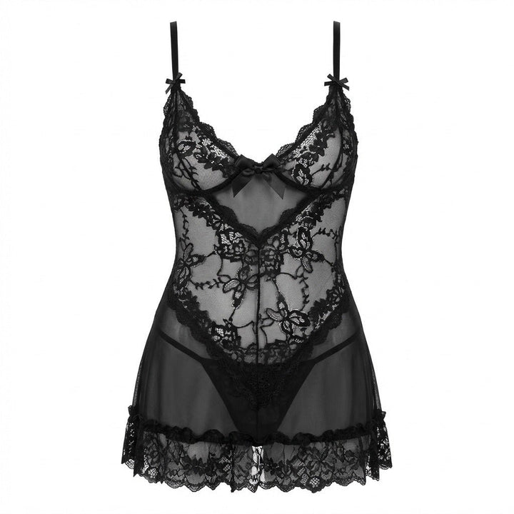 Women's Sheer Mesh Floral Lace Satin Bow Chemise - Black