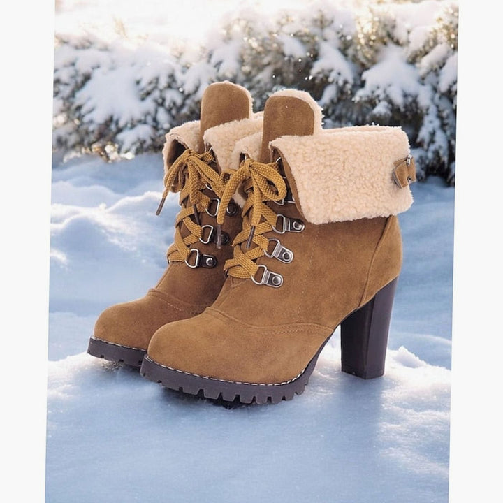 Women's Sherpa-Cuff Lace-Up Heeled Winter Snow Boots - Tan