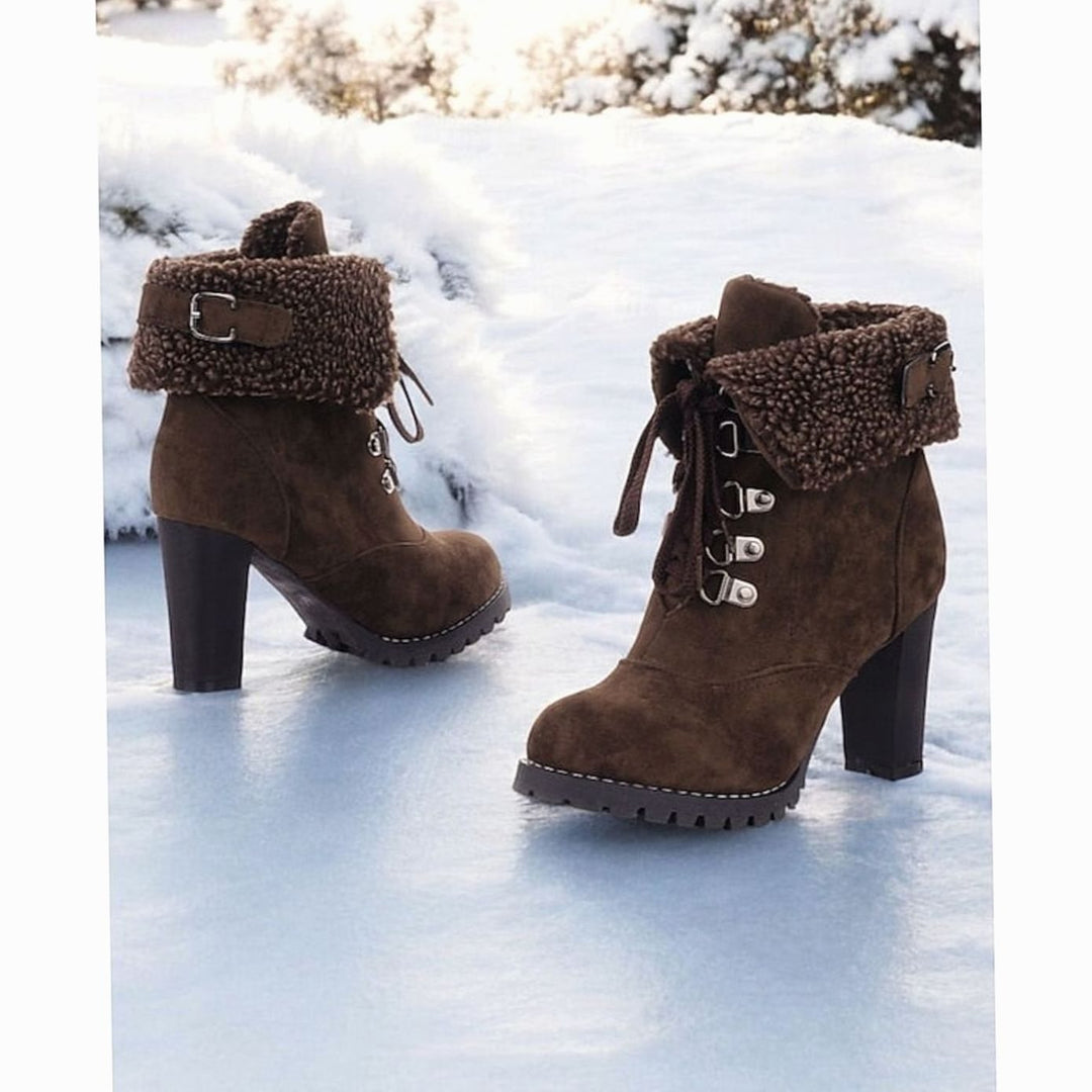 Women's Sherpa-Cuff Lace-Up Heeled Winter Snow Boots