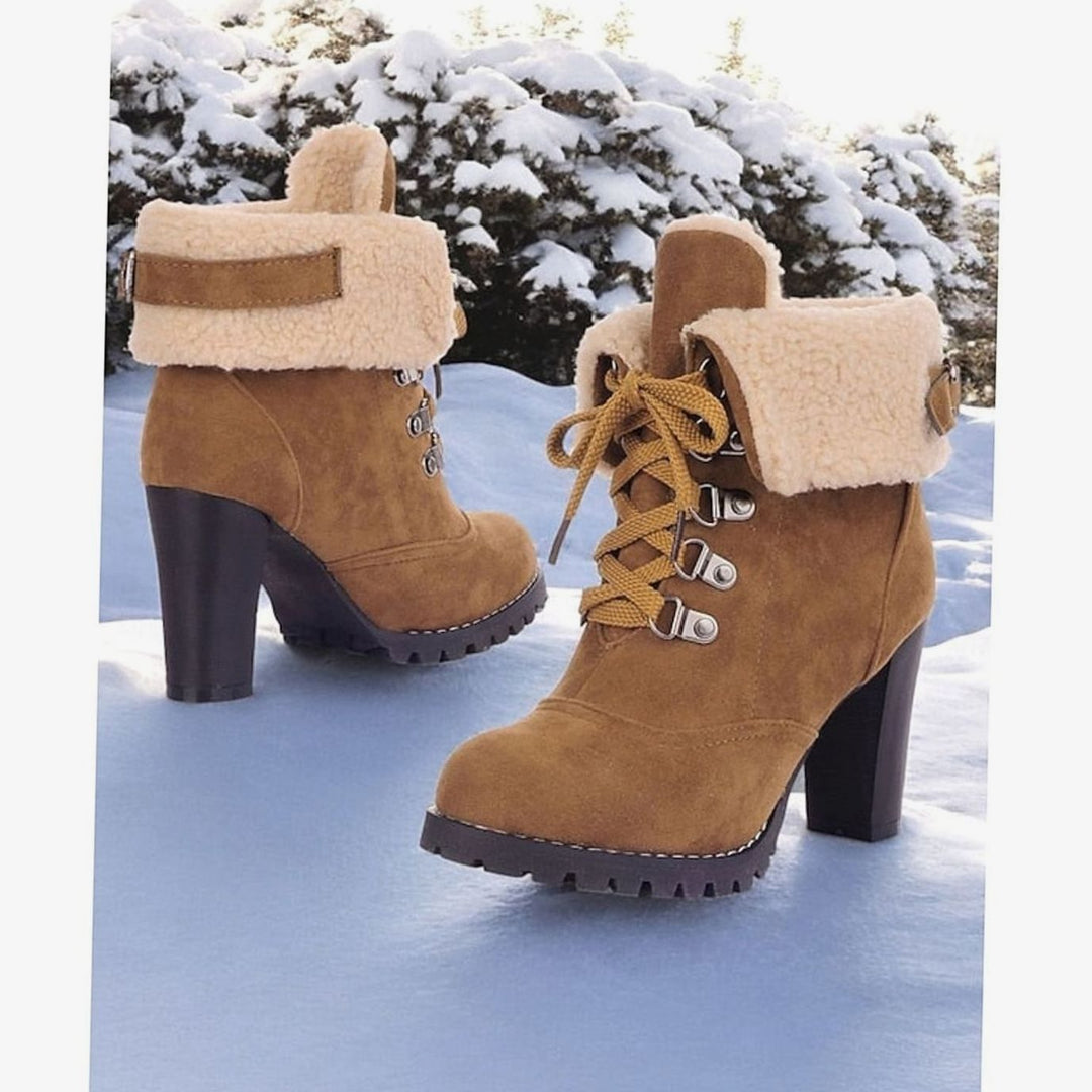 Women's Sherpa-Cuff Lace-Up Heeled Winter Snow Boots