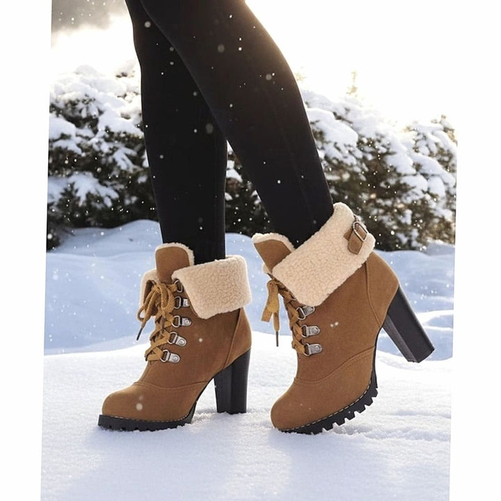 Women's Sherpa-Cuff Lace-Up Heeled Winter Snow Boots