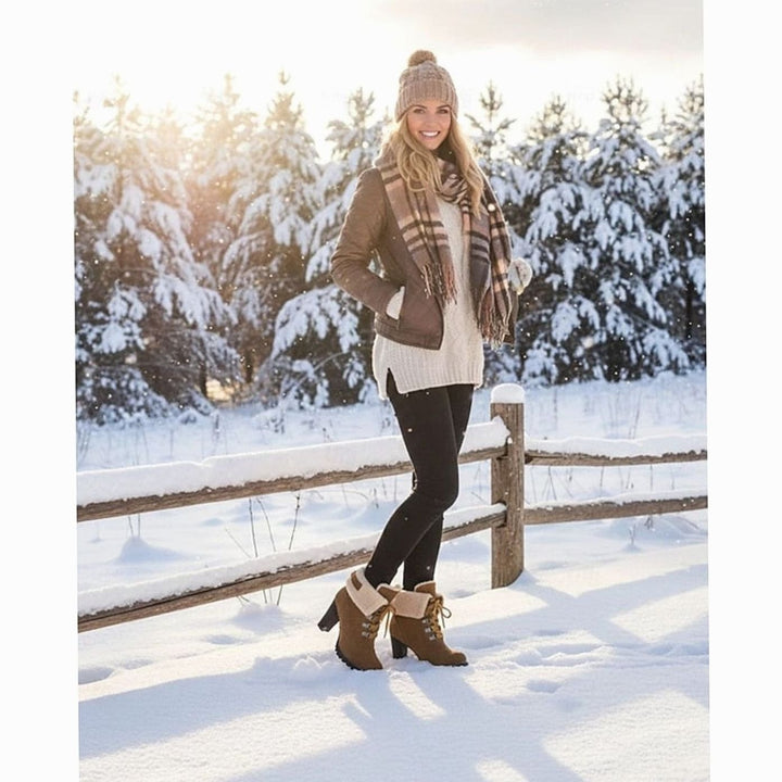 Women's Sherpa-Cuff Lace-Up Heeled Winter Snow Boots