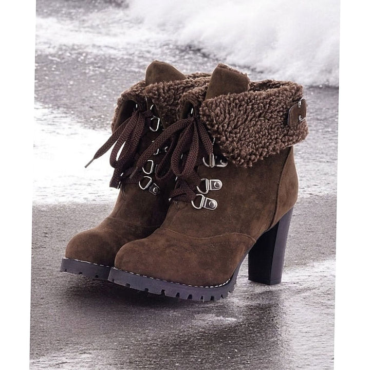 Women's Sherpa-Cuff Lace-Up Heeled Winter Snow Boots - Dark Brown