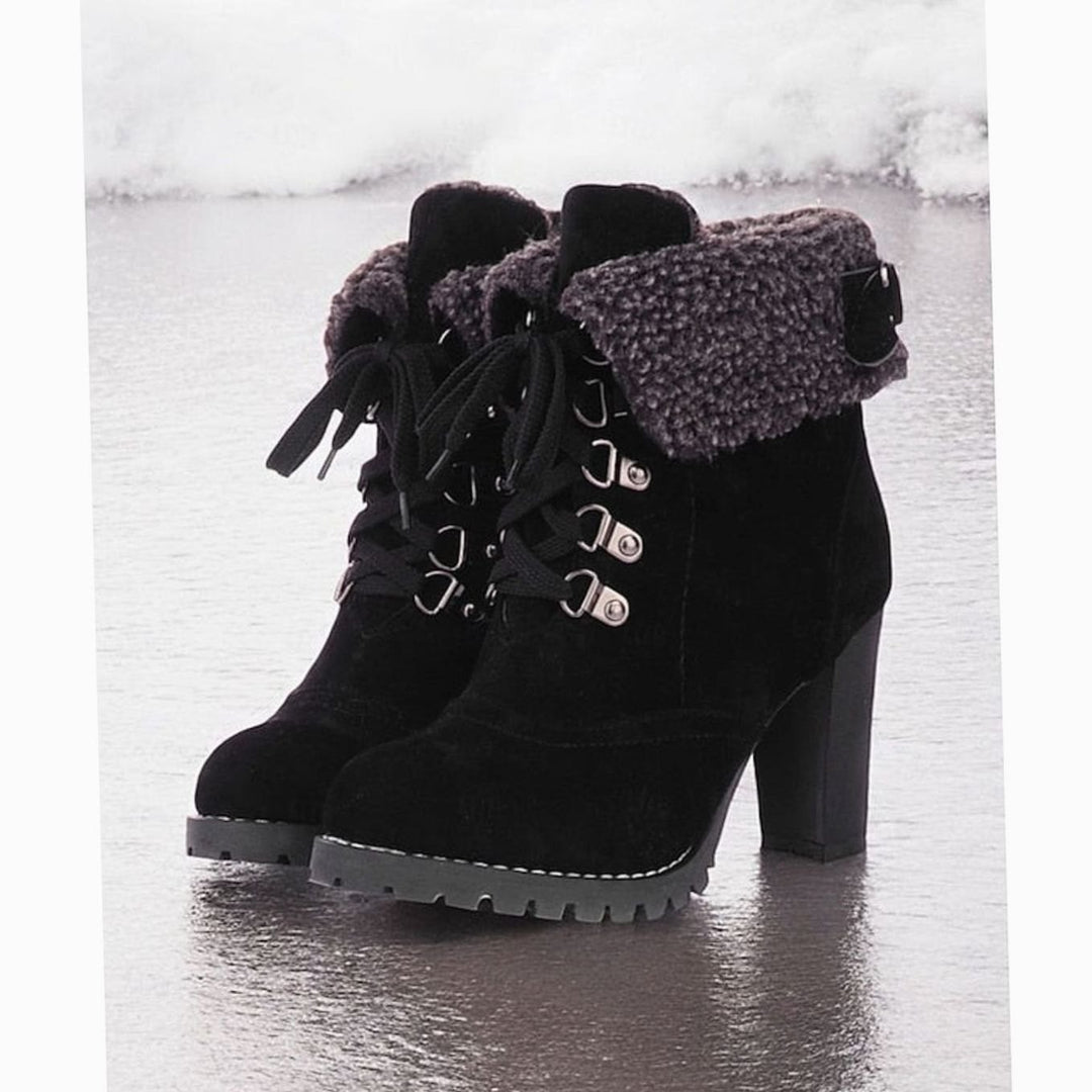 Women's Sherpa-Cuff Lace-Up Heeled Winter Snow Boots - Black