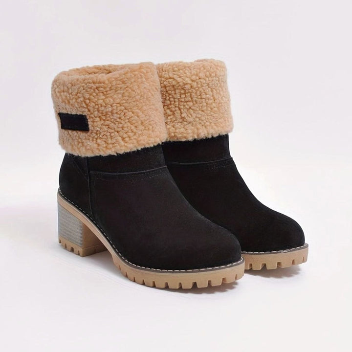 Women's Sherpa-Cuffed Slip-On Winter Snow Ankle Boots Block Heel - Black