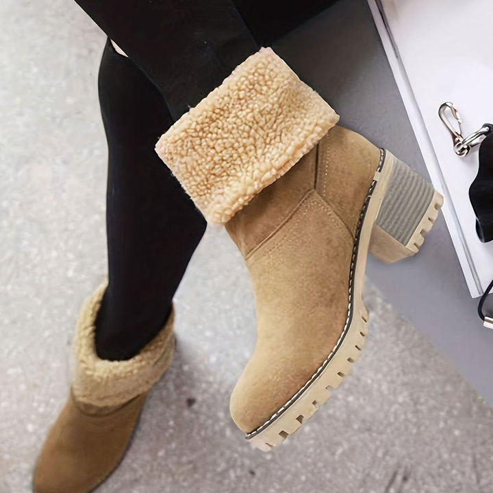Women's Sherpa-Cuffed Slip-On Winter Snow Ankle Boots Block Heel