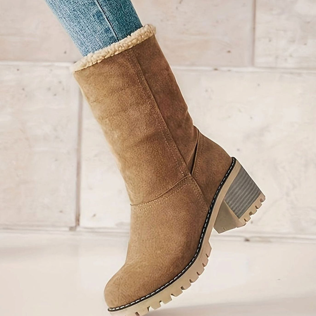 Women's Sherpa-Cuffed Slip-On Winter Snow Ankle Boots Block Heel