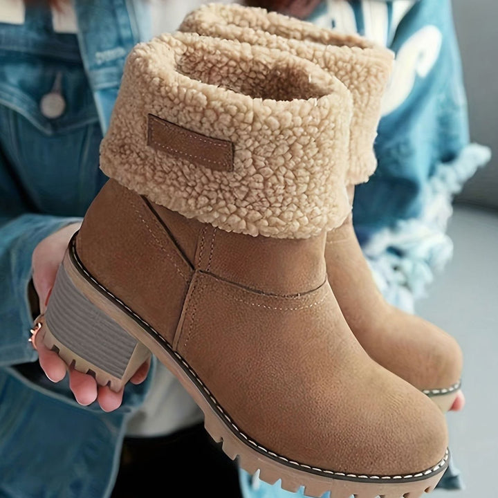 Women's Sherpa-Cuffed Slip-On Winter Snow Ankle Boots Block Heel