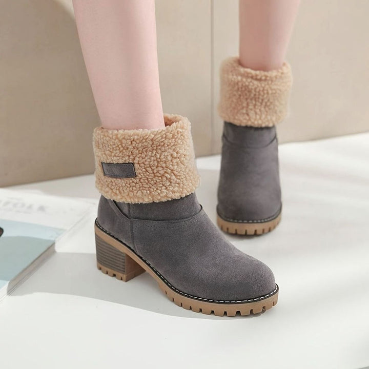 Women's Sherpa-Cuffed Slip-On Winter Snow Ankle Boots Block Heel
