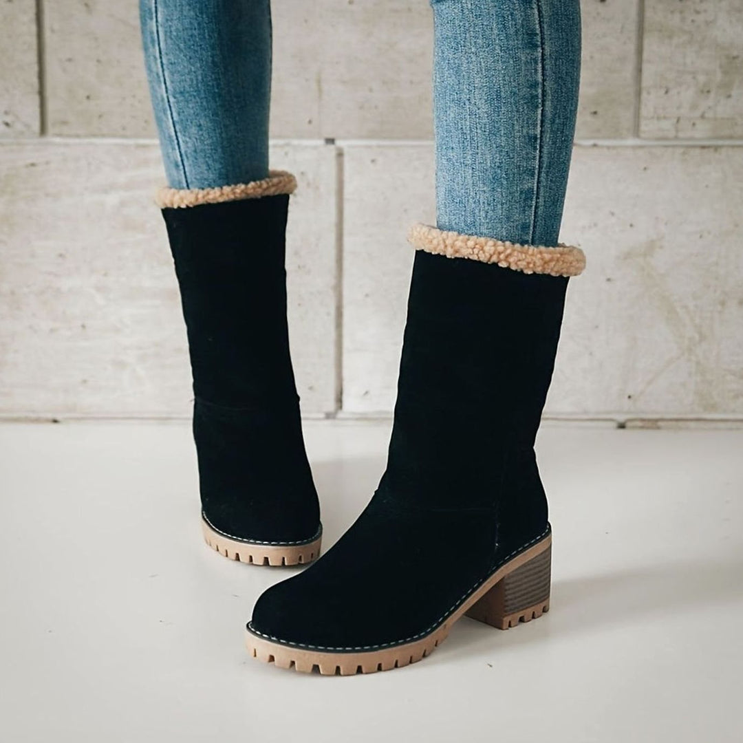 Women's Sherpa-Cuffed Slip-On Winter Snow Ankle Boots Block Heel