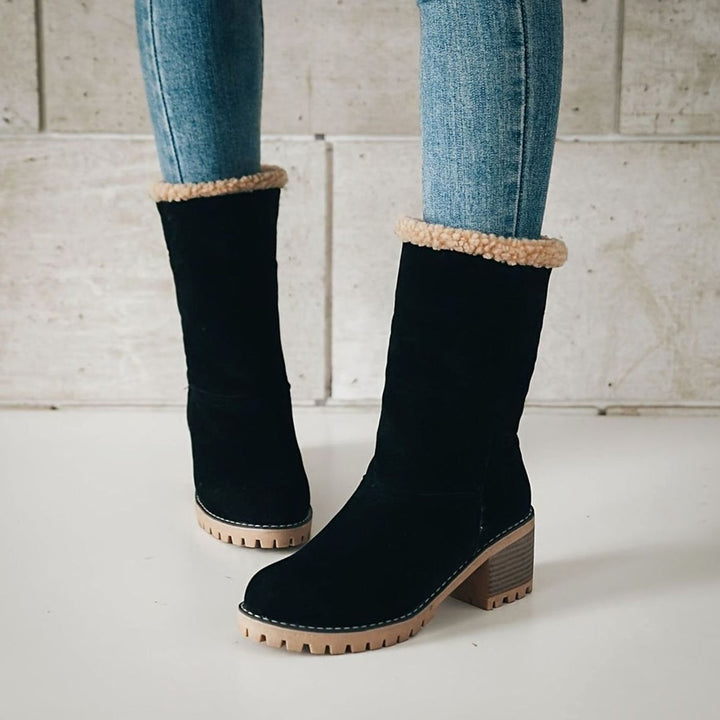 Women's Sherpa-Cuffed Slip-On Winter Snow Ankle Boots Block Heel