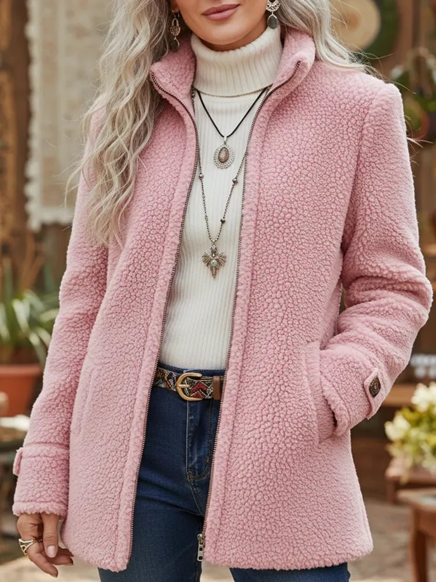 Women's Sherpa Fleece Full-Zip Stand-Collar Coat - Pink