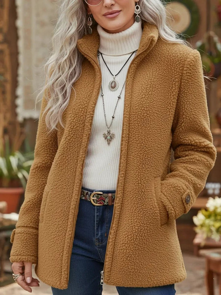Women's Sherpa Fleece Full-Zip Stand-Collar Coat - Camel
