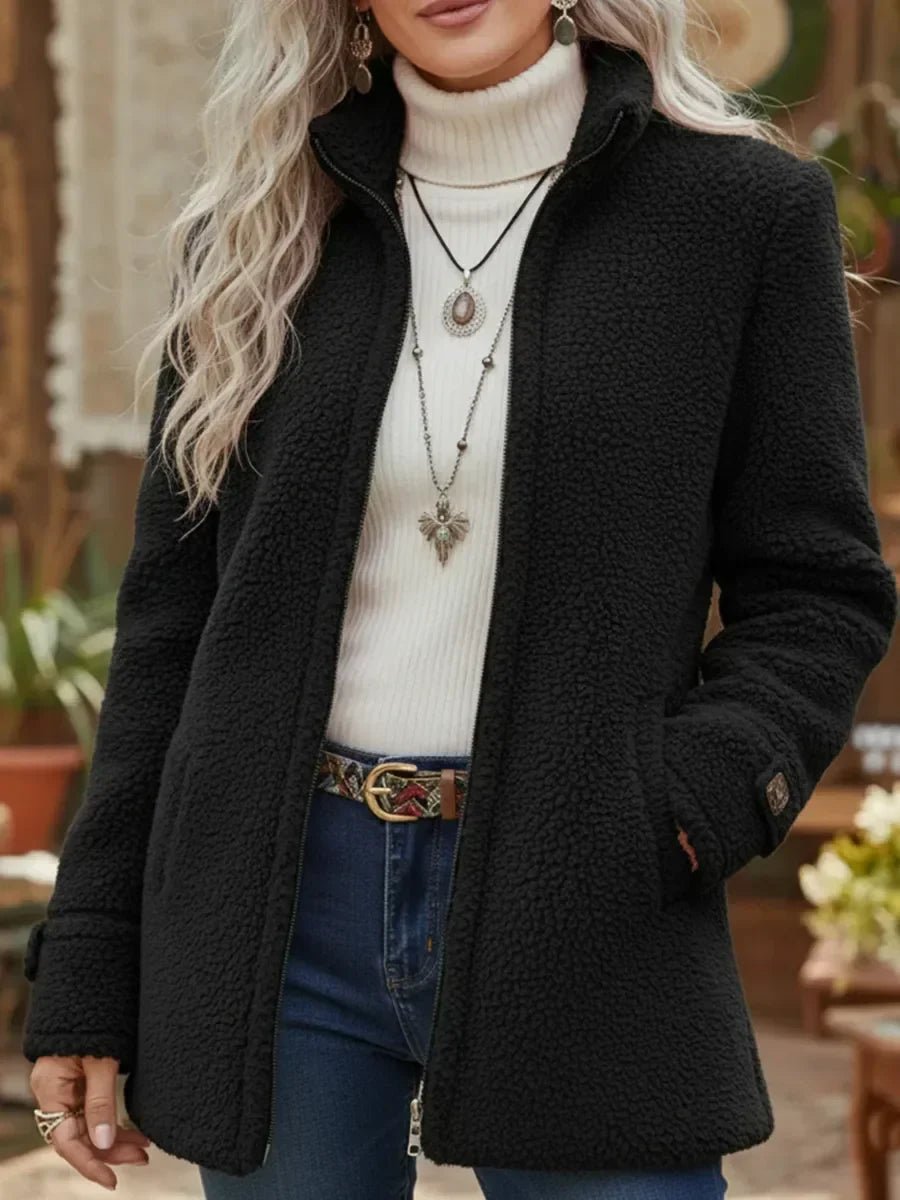 Women's Sherpa Fleece Full-Zip Stand-Collar Coat - Black