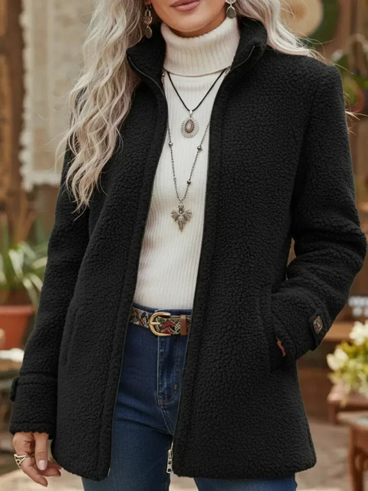 Women's Sherpa Fleece Full-Zip Stand-Collar Coat - Black