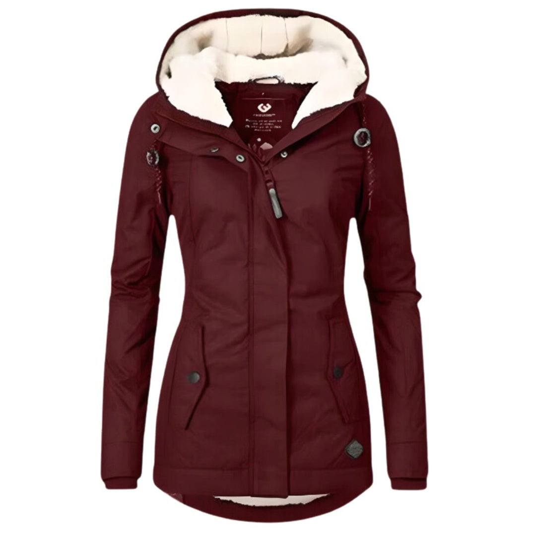 Women's Sherpa-Lined Hooded Slim-Fit Waterproof Coat - Burgundy