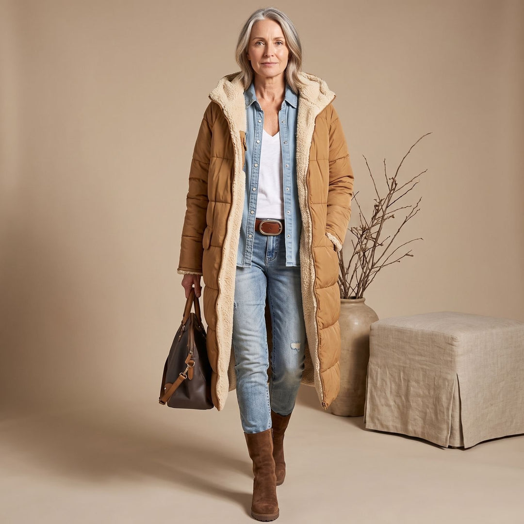 Women's Sherpa-Lined Long Quilted Puffer Coat Fleece Interior - Brown